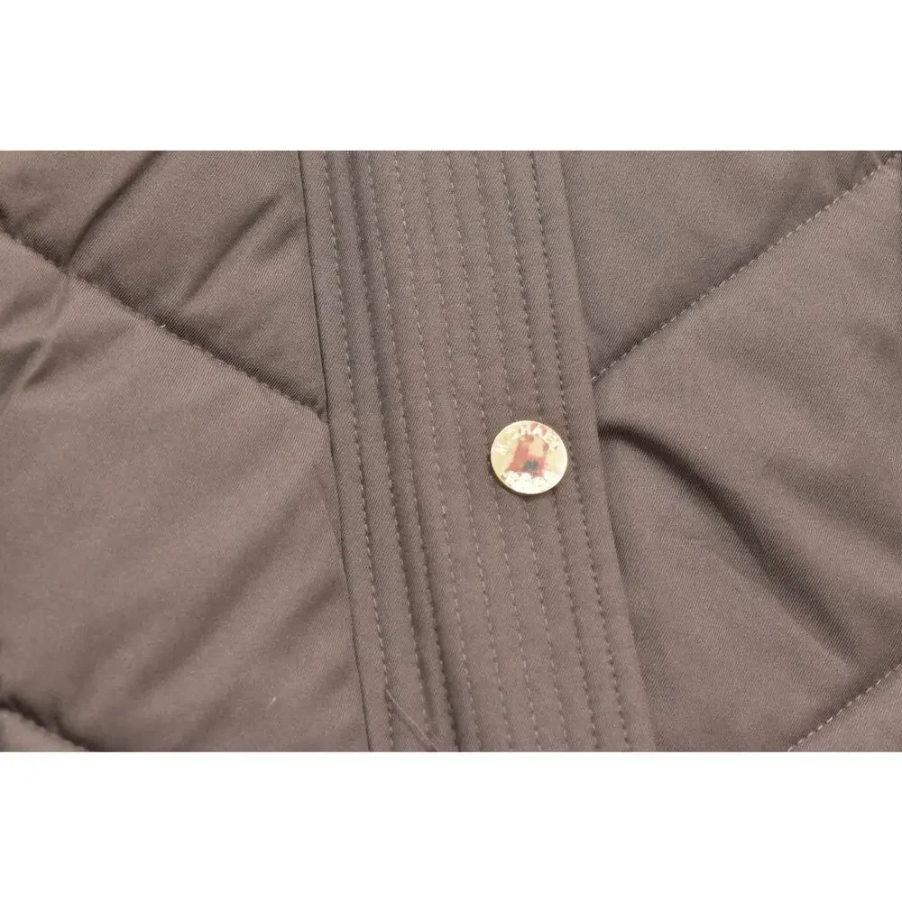 MICHAEL KORS Women 1X Brown Quilted Puffer Jacket Faux Fur Trim Hood Mid-Length